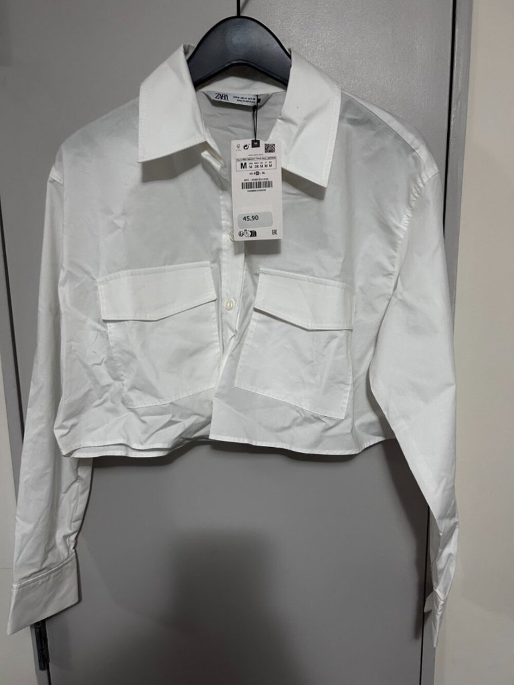 Zara White Cropped Poplin Shirt Chest Pockets Button Down Women's M NWT